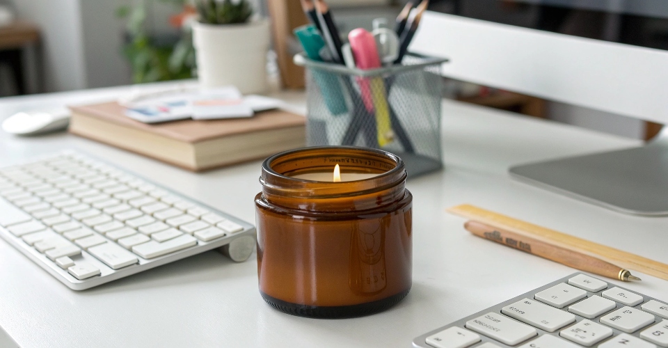 A classic 8 ounce candle jar sitting on a modern office desk next to a keyboard, showing its standard size.