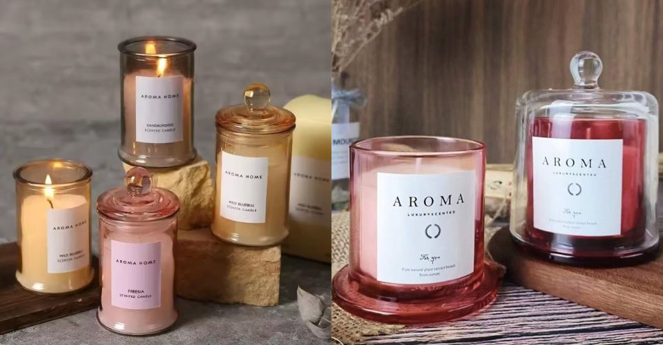 A large 16 ounce apothecary-style candle jar with a glass lid, making a statement on a living room console table.