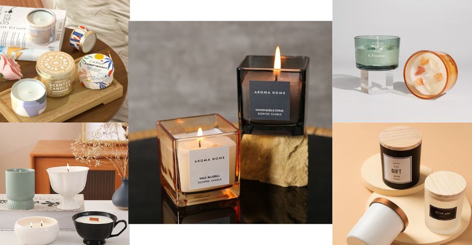 A lineup of candle jars made from different materials: clear glass, ceramic, and a metal tin.