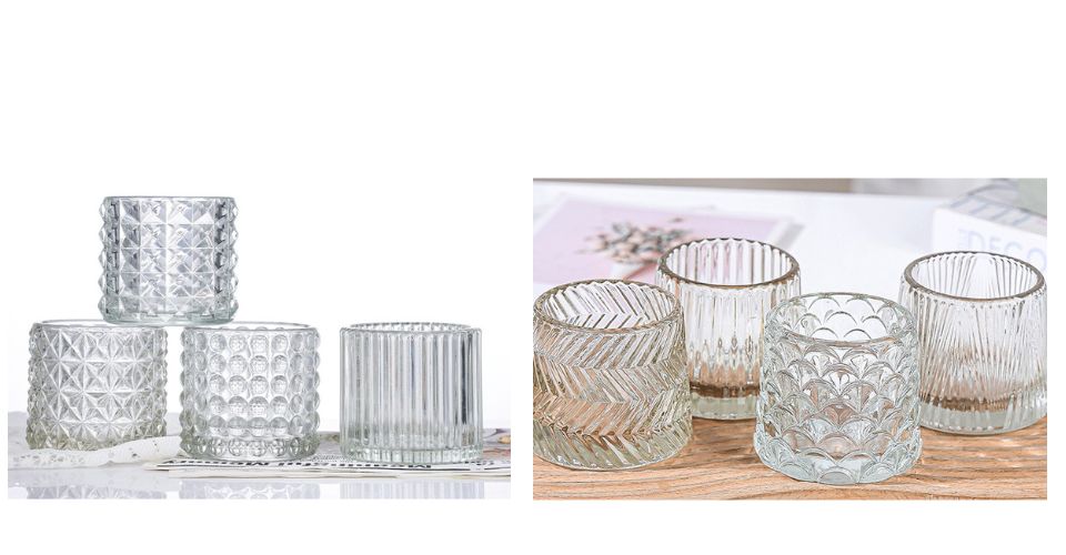 A beautiful luxury candle jar made of thick, cut glass with an intricate geometric pattern.