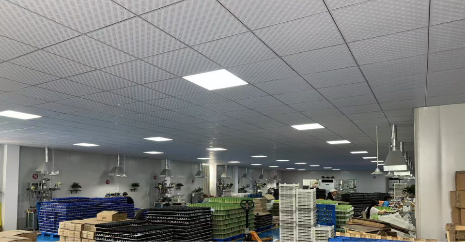 The LOM Glassworks factory floor, showing the quality control and production lines for custom glass packaging.